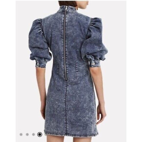 GANNI 90's Acid Wash Stretch Denim Puff Sleeve Mock Neck Cult Mini Dress Size 36 - Picture 3 of 16
